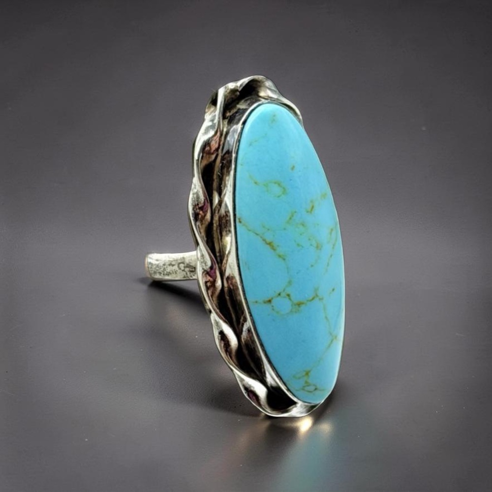 Vintage 925 Sterling Silver Large Oval Turquoise Cabochon Statement Ring Size 6